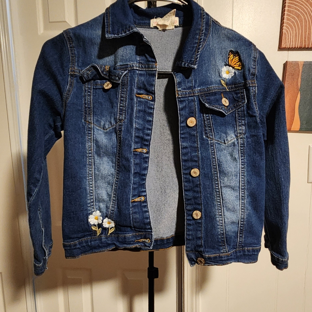 Kids Blue Denim Jacket with Butterfly and Flower Embroidery